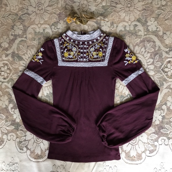 Free People Tops - “Cozy On Up” Lace Mock Neck Beaded Embroidered Top